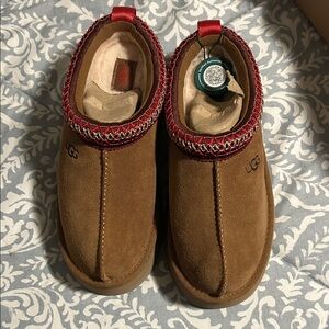 UGG Tazz Suede Slippers with Red Accents
